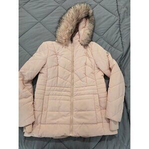 Excellent Condition London Fog Womens Medium Faux Fur Hooded Puffer Jacket Pink